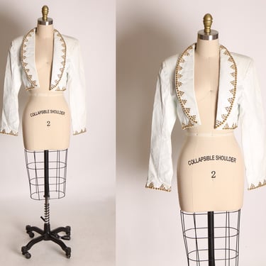 1980s White Leather Long Sleeve Gold Tone Rhinestone Bedazzled Crop Top Jacket by Dangerous Threads -M 