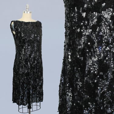 1920s Dress / Black Heavily Sequined Flapper Dress / 20s Beaded Party Dress 