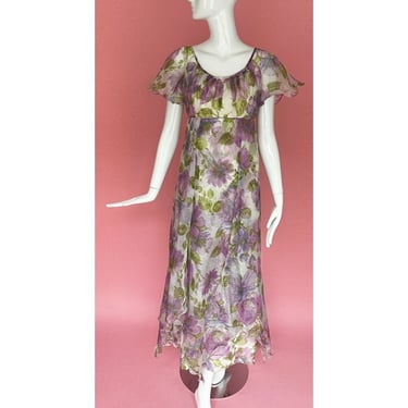 1960s Coco California Purple Floral Chiffon Gown 