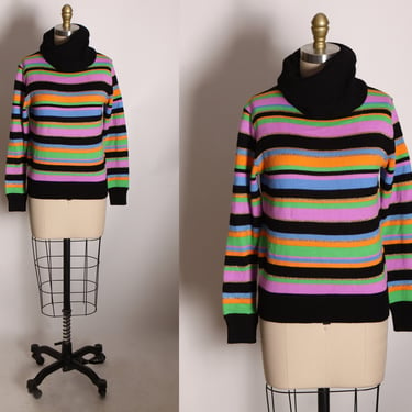 1970s Black, Neon Pink, Orange, Blue and Green Striped Pullover Turtleneck Sweater -M 