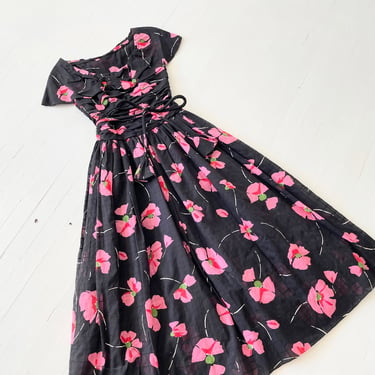 1980s-does-1950s Dark Floral Print Dress 