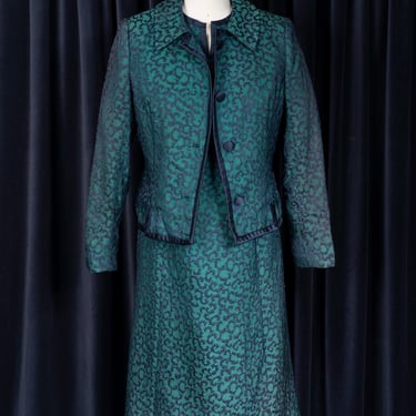 1960s Teal/Navy Brocade Dress and Jacket Set by Robert Leonard for Mary Millerick 