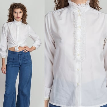 70s Edwardian White Lace Ruffle Blouse - Small | Vintage Boho Long Sleeve Button Up Tuxedo Top 