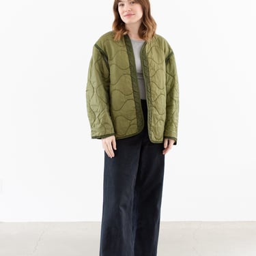 Vintage Green Liner Jacket | Unisex Wavy Quilted Nylon Coat | L | LI168 