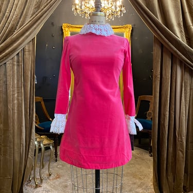 1960s mini dress, hot pink velvet, vintage dress, long sleeves, high neck, mod dress, size x small, laugh in, barbiecore, lace trim, 32 bust 