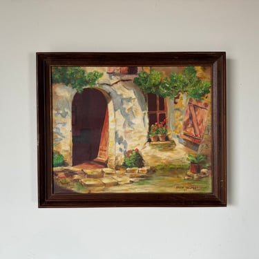 1960's Helen Halpert Provincial - Farmhouse Entrance Oil Painting, Framed 