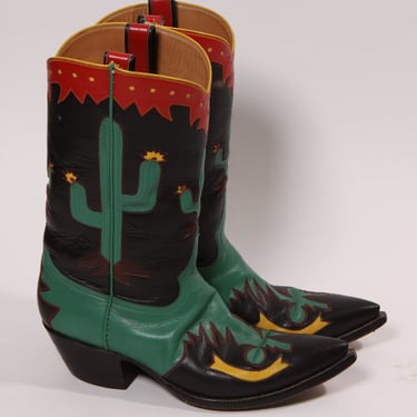 1990s Black, Green, Red and Yellow Novelty Cactus Handmade Custom Western Cowboy Boots -Size 9 