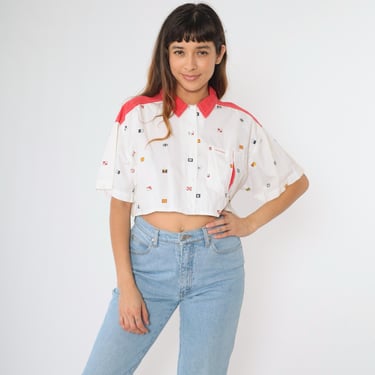 Vintage 90s Nautical Crop Top Bugle Boy Shirt Flag Print Red Collar Short Sleeve 1990s Cotton Boxy Oversized Large L 