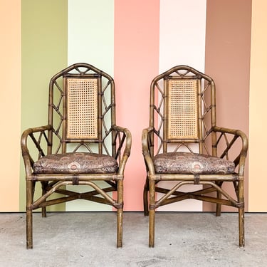 Pair of Rattan and Cane Chippendale Arm Chairs