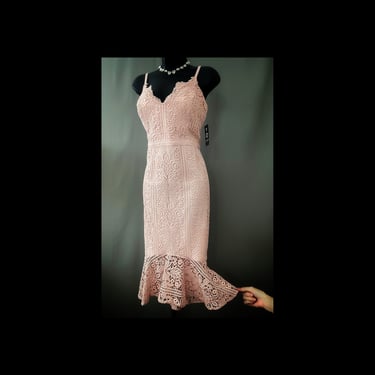 dusty rose pink lace cocktail dress nwt, sleeveless v neck midi mermaid hem orig 148 