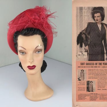 Success Suited Her - Vintage 1940s Amaranth Pink Wool Felt Bonnet Hat w/Ostrich Feather 
