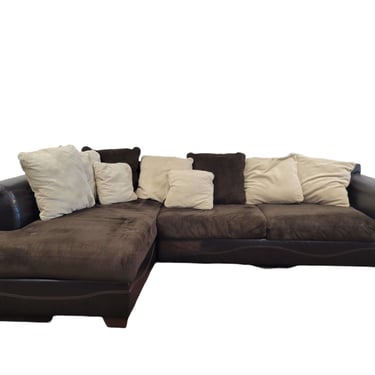 Brown &#038; Beige Cloth/Leather L-Shaped Sectional