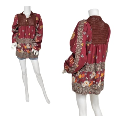 1970's Burgundy Rayon Floral Blousy Smock Top I Shirt I Sz Med I Crocheted Yoke 