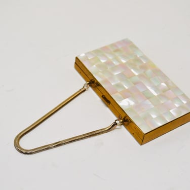 50s Vintage Metallic Gold Metal Clutch Evening Bag Hard Case Mother of Pearl Carryall Makeup Compact Gold Clutch 50s Wedding Shell Clutch 