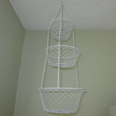 Vintage Hanging Fruit Basket - White Painted Metal Three Tiered Hanging Fruit Basket 