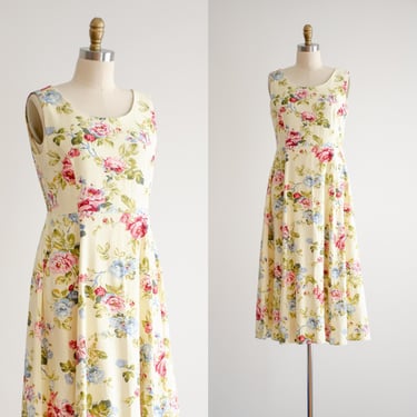 cute cottagecore dress 90s vintage pastel yellow floral linen midi dress 