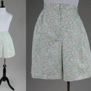 90s Pleated Floral Shorts - 28 to 33 waist - Green White Yellow Pink Blue - High Rise - Koret Francisca - Vintage 1990s - L 