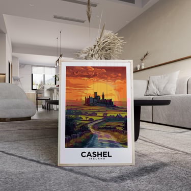 Vintage-Inspired Rock of Cashel Ireland Travel Poster - Medieval Castle Sunset Art Print Wall Decor 