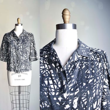 Vintage 1940s Button Up Blouse / 1940s Abstract Blouse / 1940s Smock Top / Smocked 40s Blouse / 1940s Abstract Blouse 