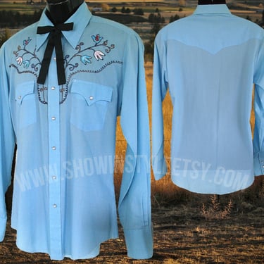 Champion Westerns Vintage Men's Cowboy & Rodeo Shirt, Light Blue with Floral Appliques with Embroidery, Approx. Medium (see meas. photo) 