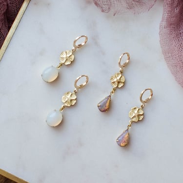 pink fire opal earrings, white moonstone earrings, dainty gold flower jewelry, Regency Art Deco huggie hoop drop earrings, gift for her 