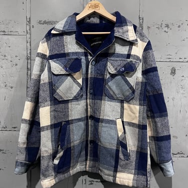 Vintage 1970s Blue Plaid Wool Sherpa lined jacket shacket Medium Flannel JcPenny  brand the bear carmy 