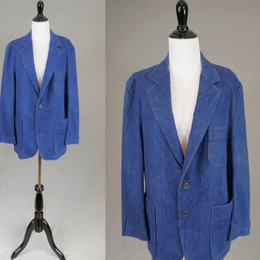 70s Men's Blue Denim Blazer 44R - Jacket Sport Coat - Sears Contemporary Sportswear - Vintage 1970s 