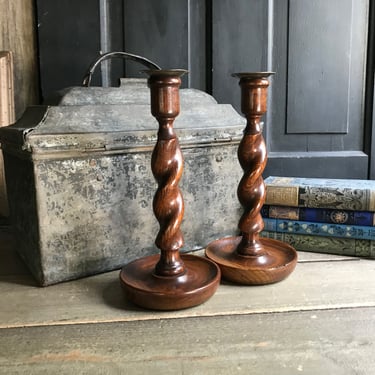 Pair English Oak Barley Twist Candlesticks, 10 inch, Rustic Wood Candle Holders, Edwardian Era, Pair, Set of 2 