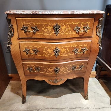 Inlaid Bombe Commode Chest with Marble Top