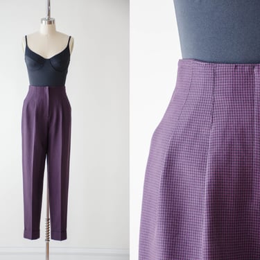 high waisted pants | 80s 90s vintage purple black houndstooth plaid checkered dark academia skinny trousers 