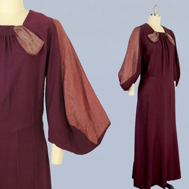 1930s Gown / 30s Pink Lame and Wine Crepe Evening Dress / Rare L XL 