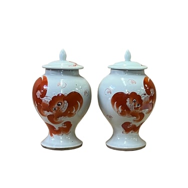 Pair Small Oriental Ceramic White Base Orange Foo Dog Temple Jars ws2598E 