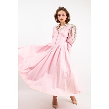 Vintage pink cotton chintz prairie style dress / 1980s rose print Leg o mutton puff sleeve 
