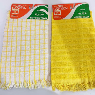 Vintage Kitchen Hand Towel Yellow White Set of 2 NOS Deadstock 1970s 