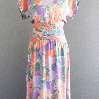 1990s - Silk - Floral - Party Dress - Wedding Guest Dress - by Maggie London - Marked size 8 