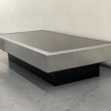 Italian Brushed Steel & Black Glass Willy Rizzo Coffee Table 