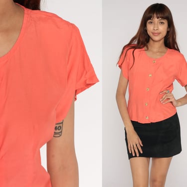 Peach Blouse 90s Button Up Top Orange Short Sleeve Shirt Retro Formal Party Cocktail Glam Tailored Top Vintage 1990s Anxiety Small S 