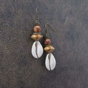 Chunky wood and cowrie shell earrings, Tibetan agate 
