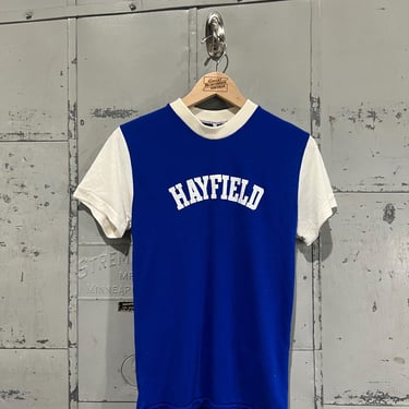 70’s short Sleeve Blue Tshirt Hayfield Jersey Athletic Wear by dodger sportswear Practice Jersey Sleeves Vintage Size 30-32 Small 1970s 