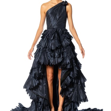 2000S Oscar De La Renta Navy Blue Dramatic Silk Taffeta Trained Gown Covered In Pleated Ruffles 