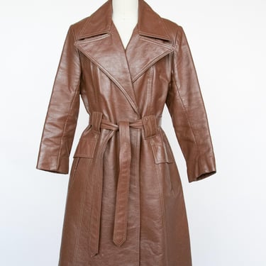 1970s Leather Jacket Longline Trench Belted Brown M 