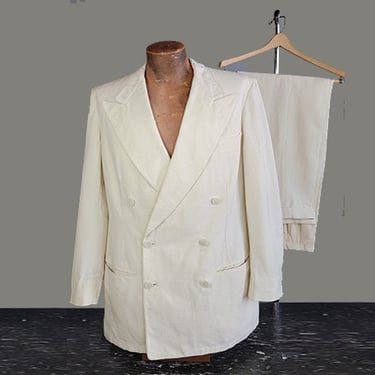 1940s Palm Beach Suit / 1940s Double Breasted Suit / Cream Linen Suit / 1940s Peaked Lapel Suit / Men's White Suit / Size Medium Size 41 Reg 