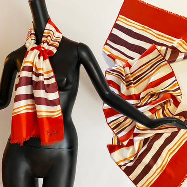 Vintage Raffaell0 70s Oblong Scarf | Mod Hippie Boho Festival Accessory | Abstract Stripe - Tomato Red, Bright Golden Yellow & Brown | ITALY 
