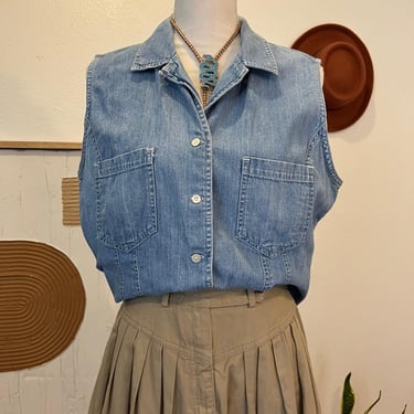 Vintage 90s Chamonix Cotton Denim Button Front Oversized Vest Sleeveless Top 