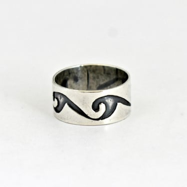 70's Hawaiian sterling ocean waves size 6.25 band, oxidized 925 silver hippie surfer ring 