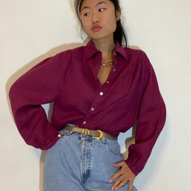 90s linen smock blouse / vintage berry linen gathered ruched artist smock oversized blouse | Large 