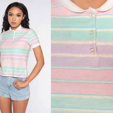 Polo Shirt 80s Striped Shirt Pastel Pink Purple Half Button | Shop 