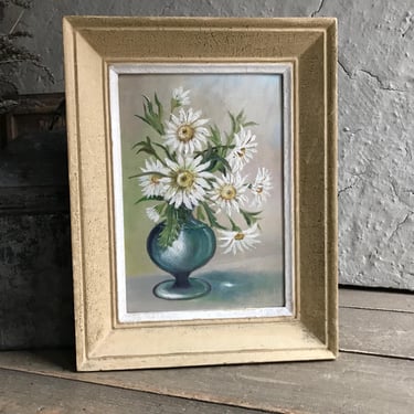 French Floral Oil Painting, Framed, Daisies in Blue Vase, Still Life, Framed, Oil on Board, Signed, Colorful Floral Painting 