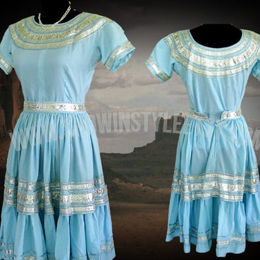 Faye Creations Vintage Western Women's Two Piece Patio Set, Circle Skirt, Silver & Light Blue Skirt and Blouse, Approx. XSmall (see meas.) 