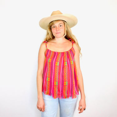 Woven Tank Blouse // vintage boho hippie Mexican embroidered dress hippy pink // O/S 